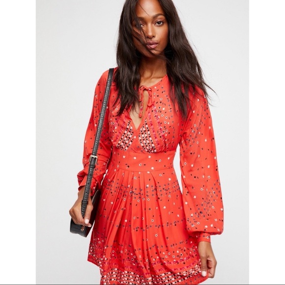 Free People Coryn Coral Orange Print Long Sleeve Dress, sz 0 - Picture 6 of 14